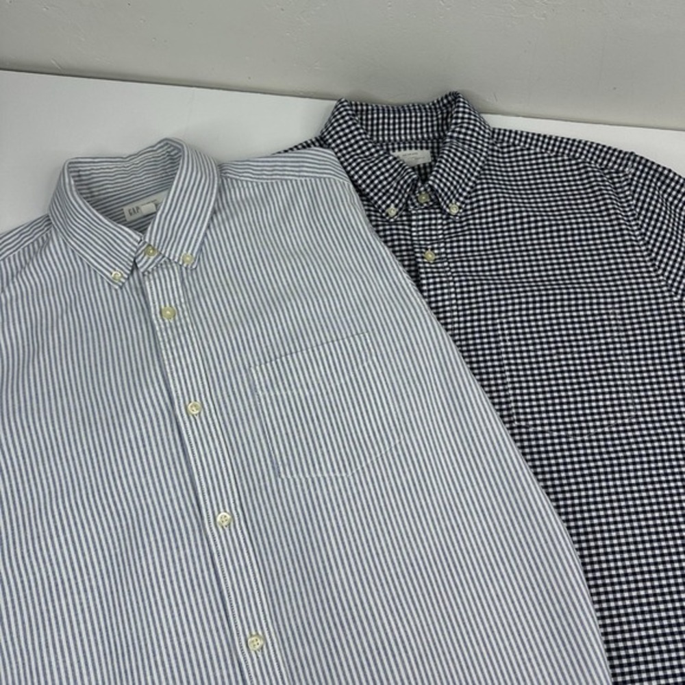 Gap Mens Button Down Shirt Lot 2 L Tall Standard Fit Stretch Stripe Gingham Blue